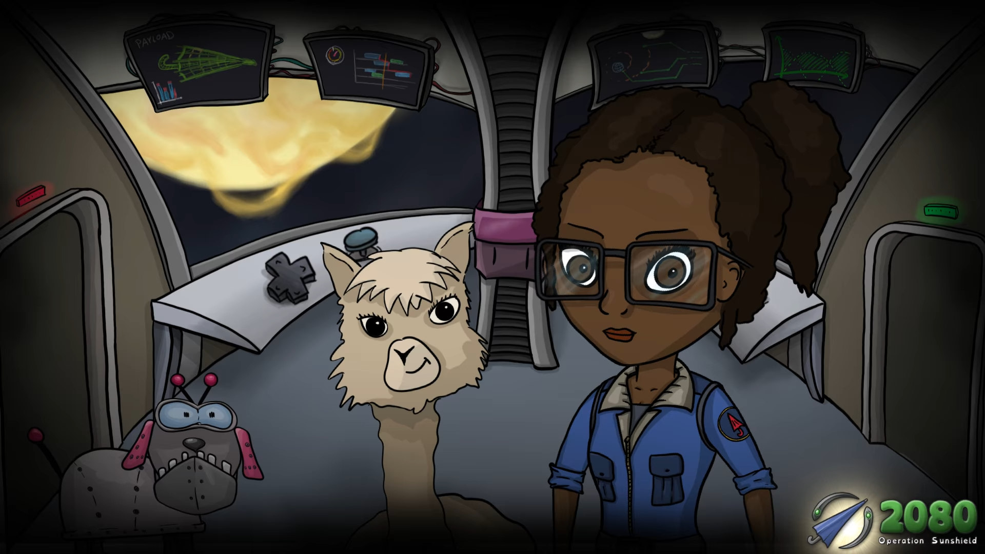 2080 banner image: A starship cockpit, you can see the sun through the front windows. There is an alpaca and a female astronaut in the front.