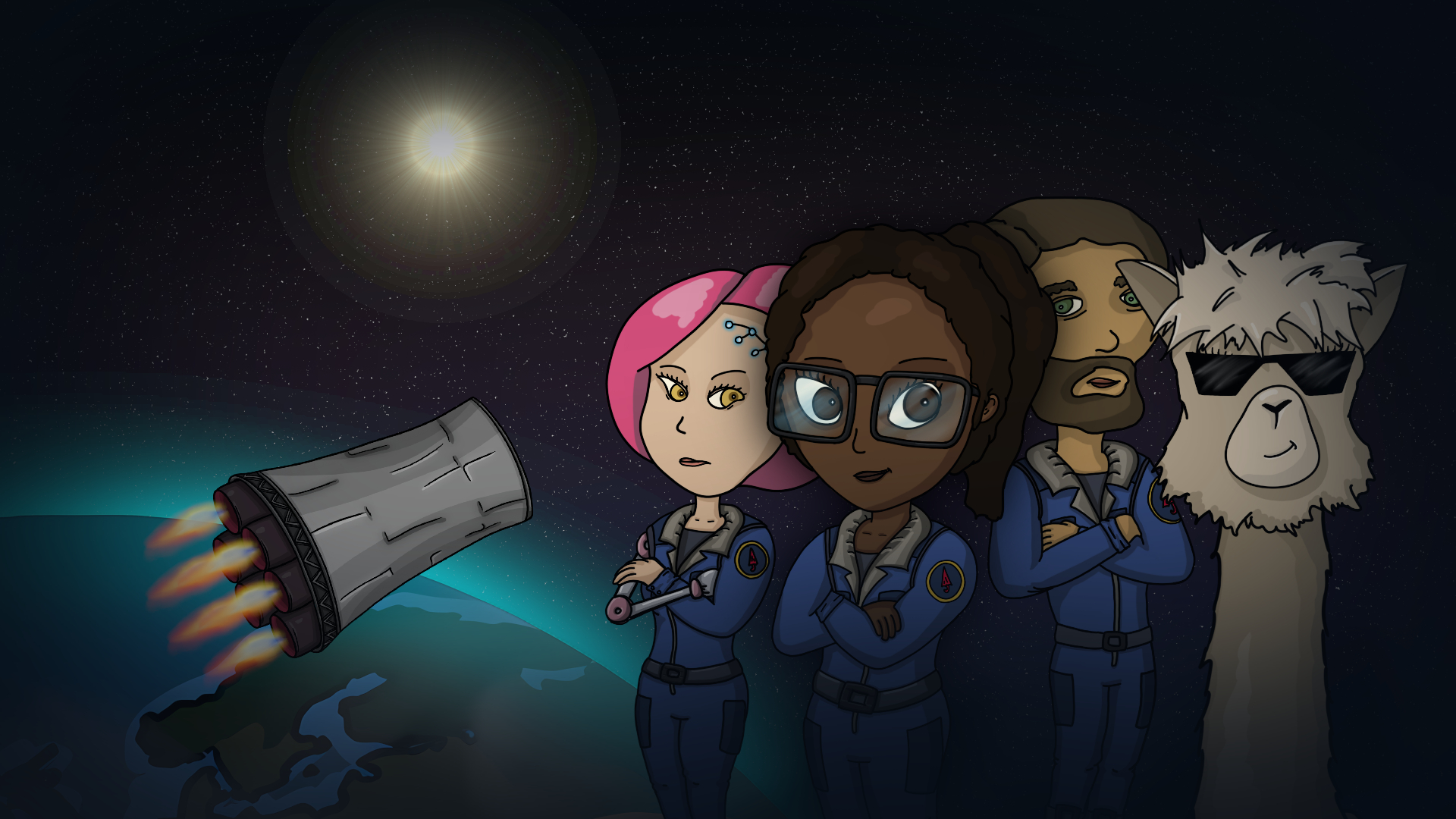 2080 banner image: A starship cockpit, you can see the sun through the front windows. There is an alpaca and a female astronaut in the front.