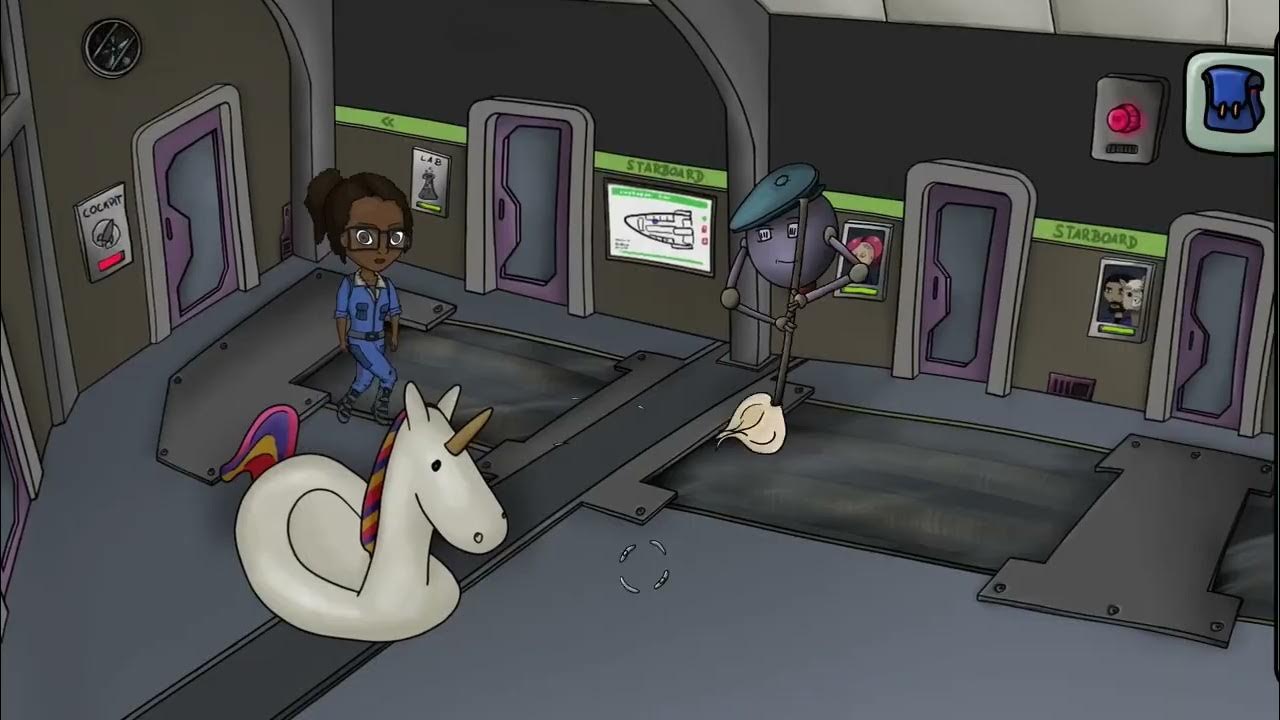 Thumbnail for the gameplay teaser video: Joy is standing on a corridor next to a cleaning robot holding a mop.